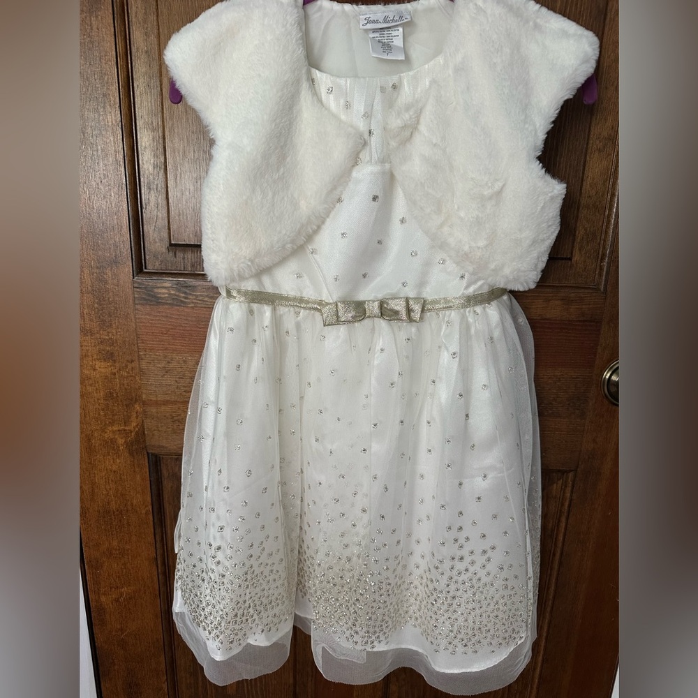 Jona Michelle Elegant White Kids Dress with Faux Fur Vest